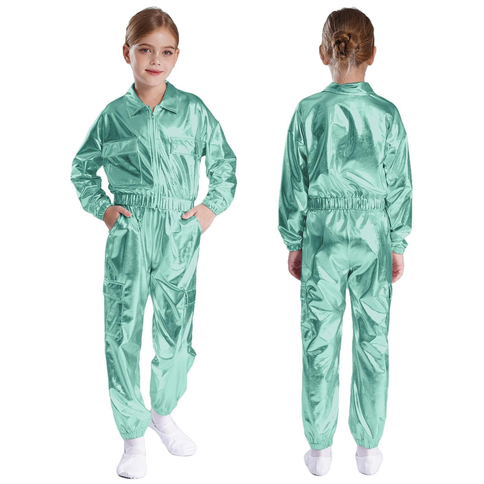 Kids Boys Girls Jazz Hip-Hop Street Dance Performance Costume Metallic Shiny Long Sleeve Athletic Jacket Coat with Pants Outfits 7-8 Years light green