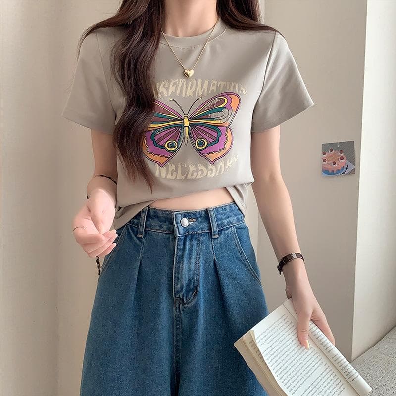 Butterfly Shoulder Short-sleeved T-shirt for Women In Summer New Short Top for Women Half-sleeved XL