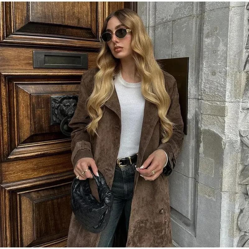 Women's Trench Coat Temperament Elegant Leather Double-breasted Lapel Coat S