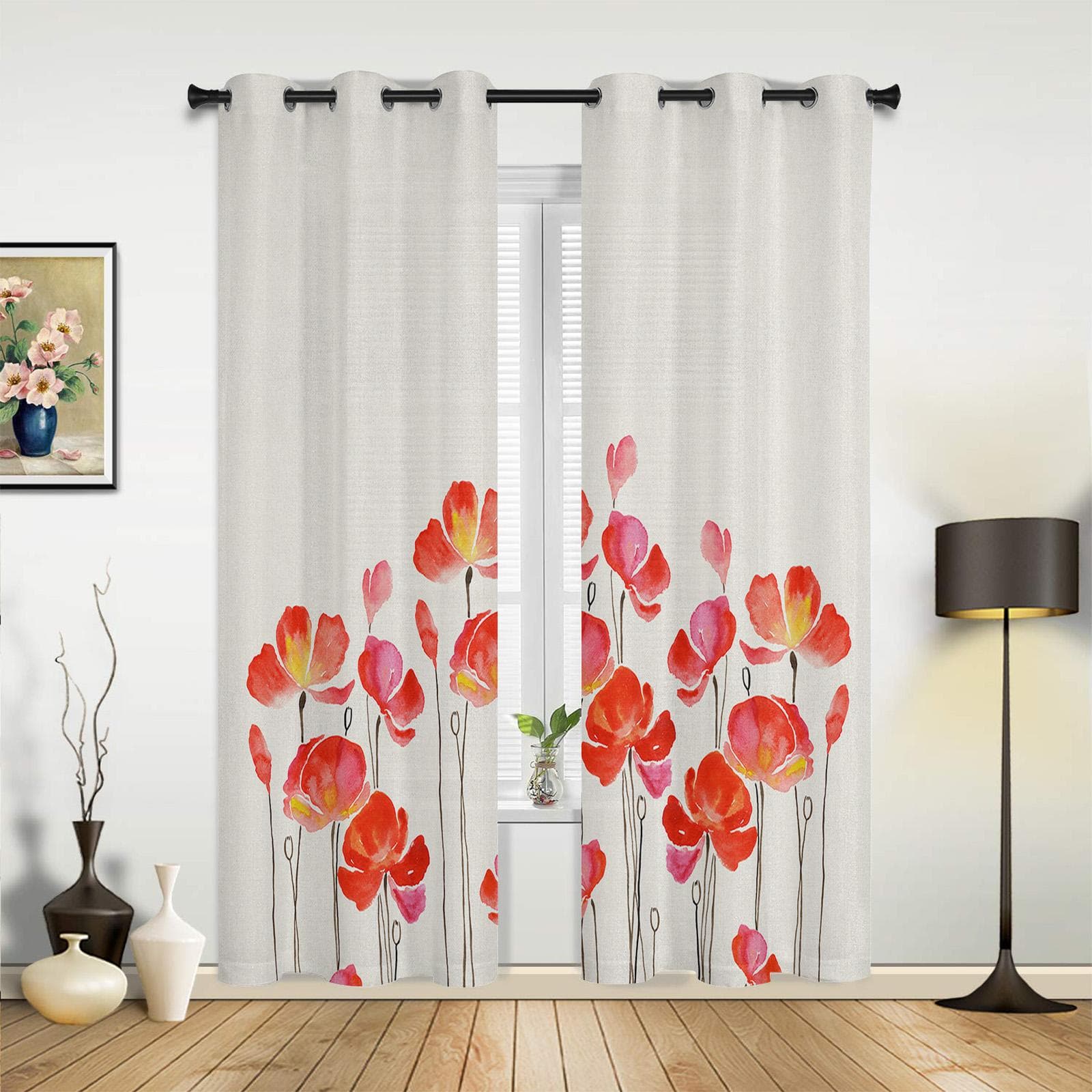 Red Watercolor Poppies Window Curtain Living Room Luxury Valance Curtain for Bedroom Home Kitchen Decor Curtain 135W x 60H(cm) x1