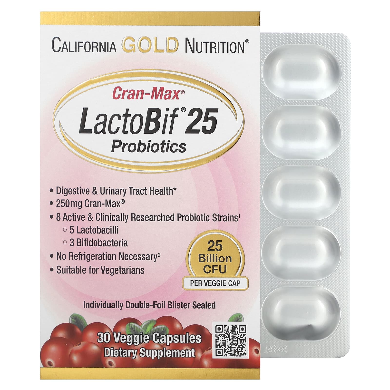 California Gold Nutrition, LactoBif Probiotics, Cran-Max, 25 Billion CFU, 30 Veggie Capsules
