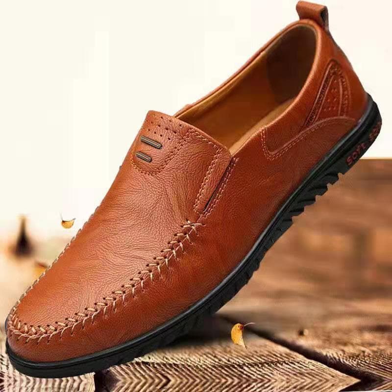 Men's Moccasins Slip-on Business Casual Leather Shoes Driving Loafers Hand Stitched Flat Shoes 43 brown