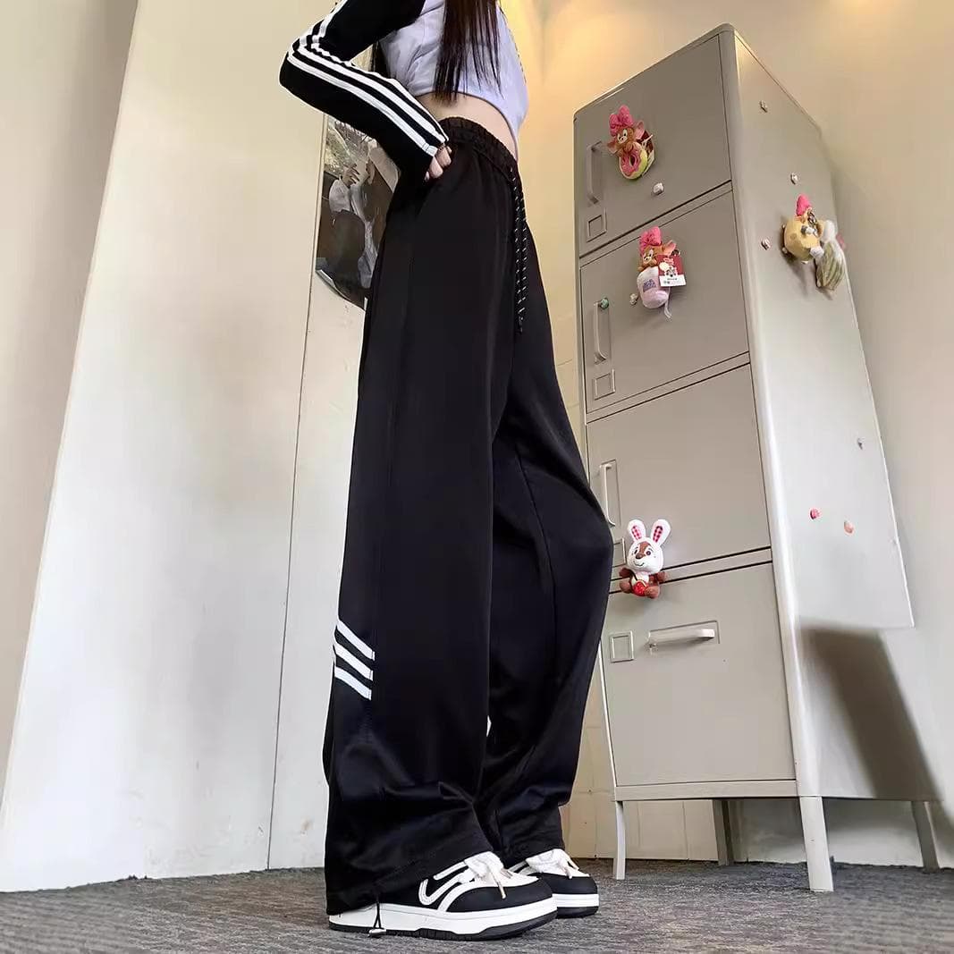 Autumn New Light Gray Casual Pants for Women Wide-leg Sweatpants Design Straight-leg Tying Sports Pants S