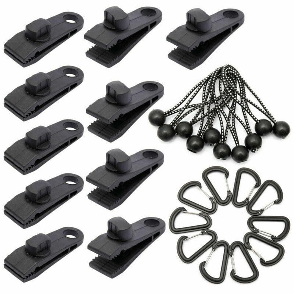 30pcs Outdoor Tarp Clips Heavy Duty Lock Grip Tent Fasteners Clamps with Bungee Ball Cords black