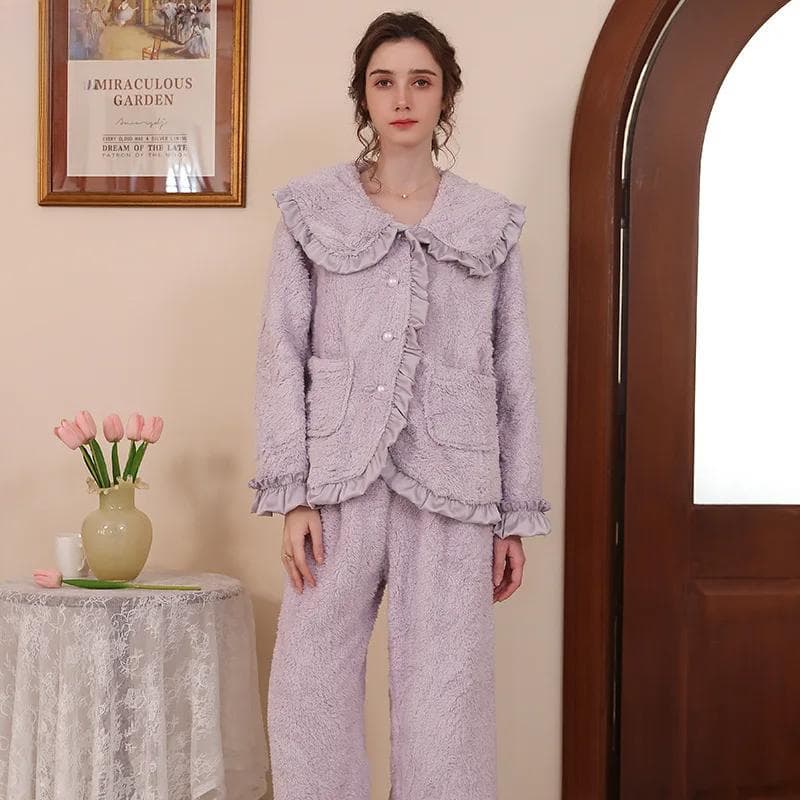 Pajamas for Women In Autumn and Winter, New Sweet Style Lapel Suit, Loose Polar Fleece Lining, Thickened Home Clothes, Winter Clothes XL