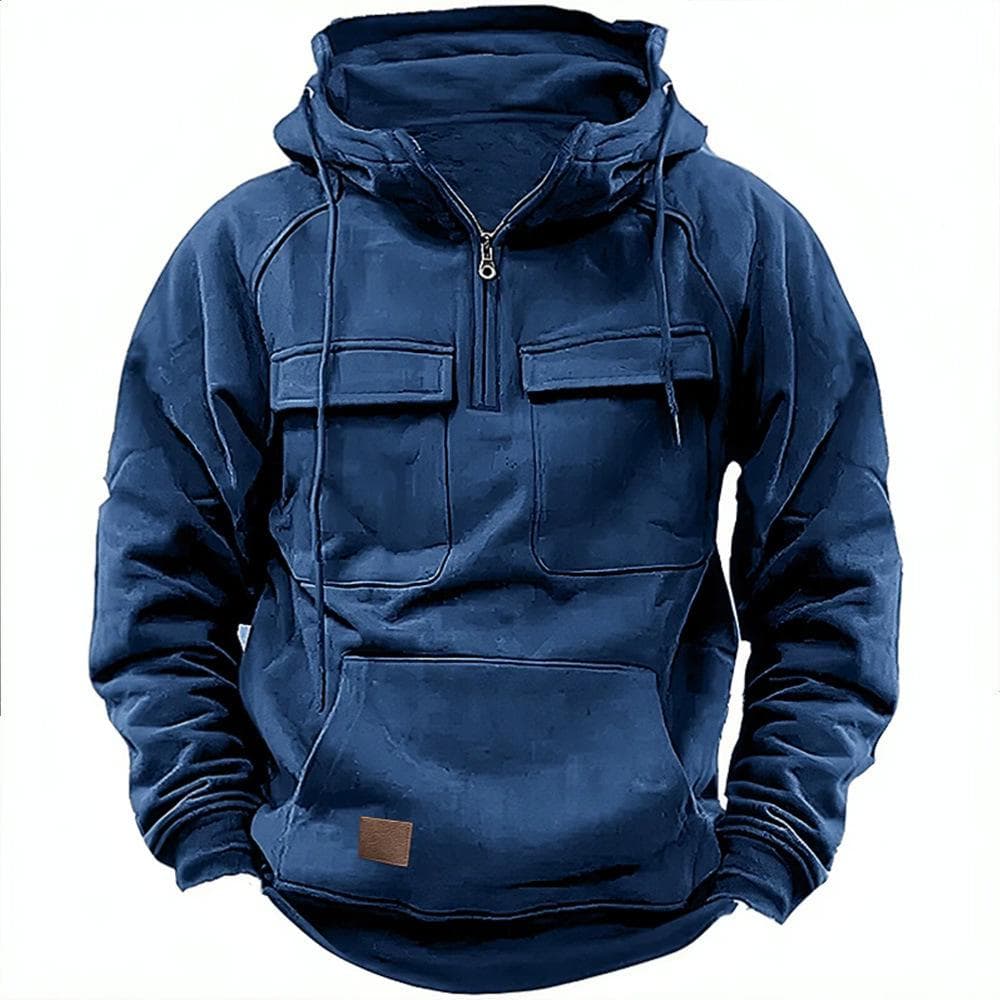 2024 Men's Multi-Pocket Zipper Hoodie - Spring/Autumn Casual Sports Sweatshirt L dark blue