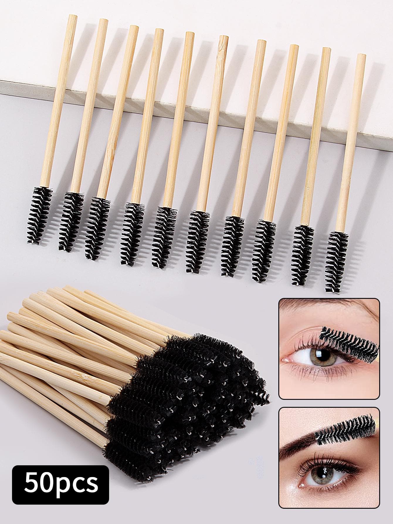 50Pcs Bamboo Handle Eyelash Brush Makeup Brush Eyelash Extension Mascara Wands Applicators Eye Lash Curling Comb Makeup Tools black