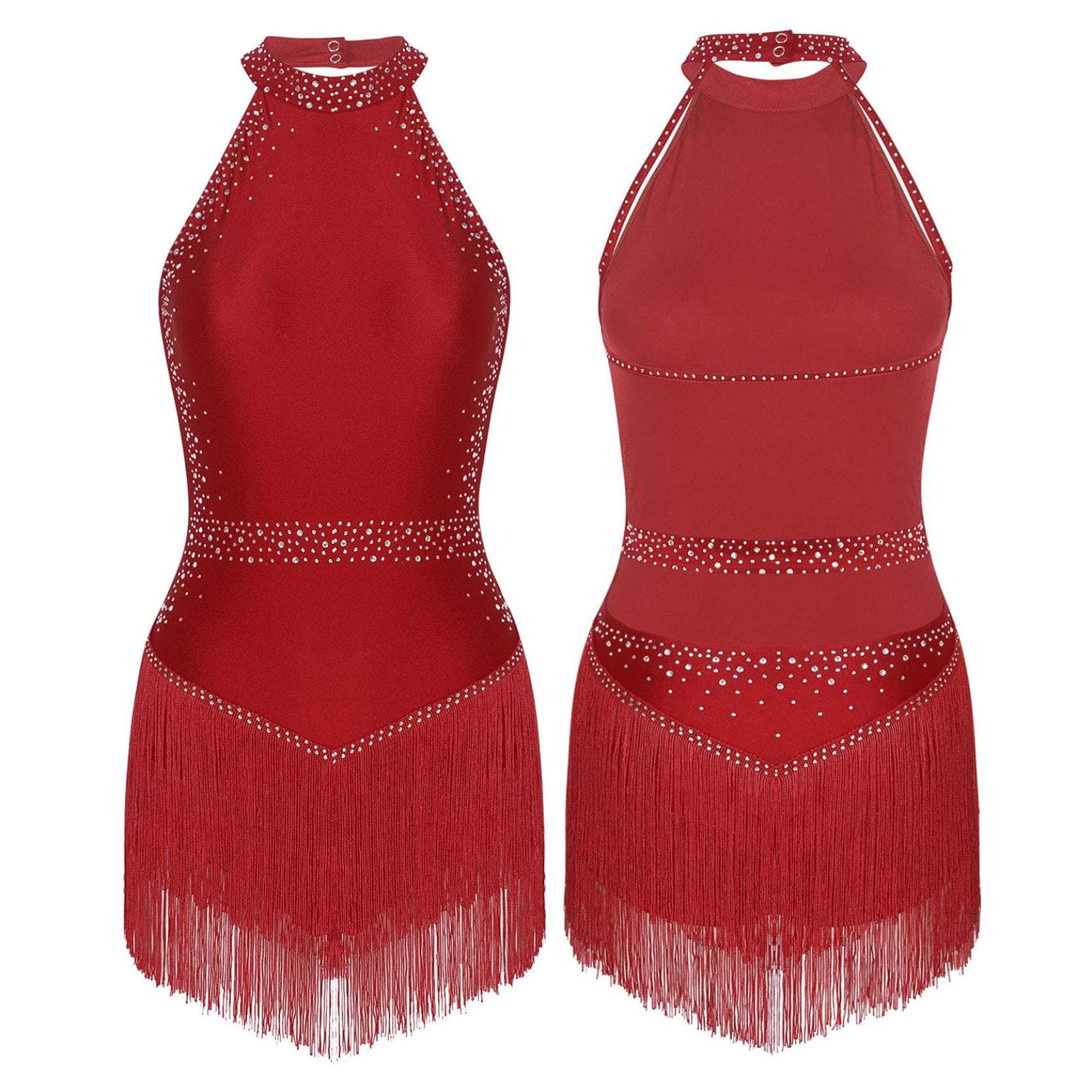 Women Fringe Leotard Dress Shiny Rhinestones Tassel Latin Dance Costumes Ballet Dance Competition Stage Costume L