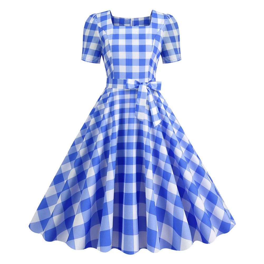 Women Vintage Plaid Print Dress Square Collar Short Sleeve Midi Dress High Waist Bowknot Decor A-Line Swing Dress M blue