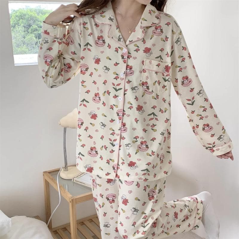 Autumn Pajamas Pure Cotton Long-sleeved Trousers Two-piece Set Cartoon Casual Home Wear Silk Pajamas for Women 2XL white