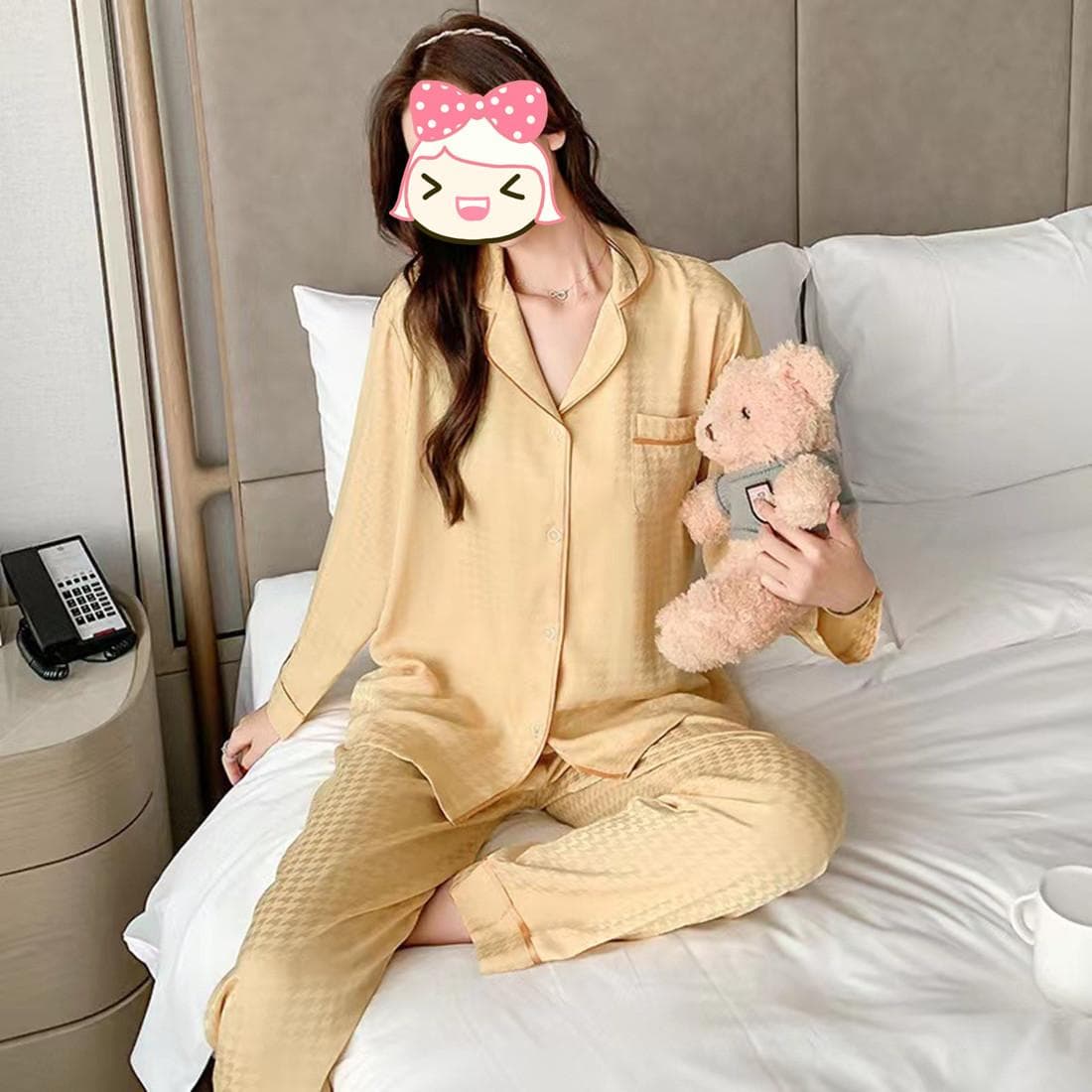 Pajamas Women's Ice Silk Spring Autumn Long Sleeve Outwear Homewear Jacquard Houndstooth Ladies Solid Sleepwear Black Loungewear M yellow