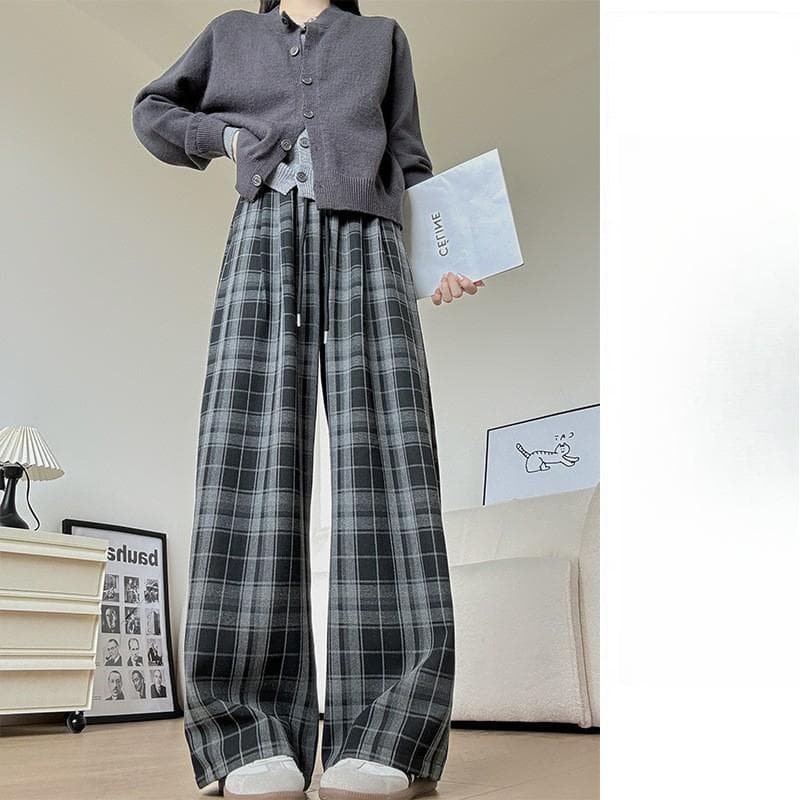 Black Retro Plaid Pants Women's Spring and Autumn New High-waisted Loose Straight Thin Wide-leg Pants XL