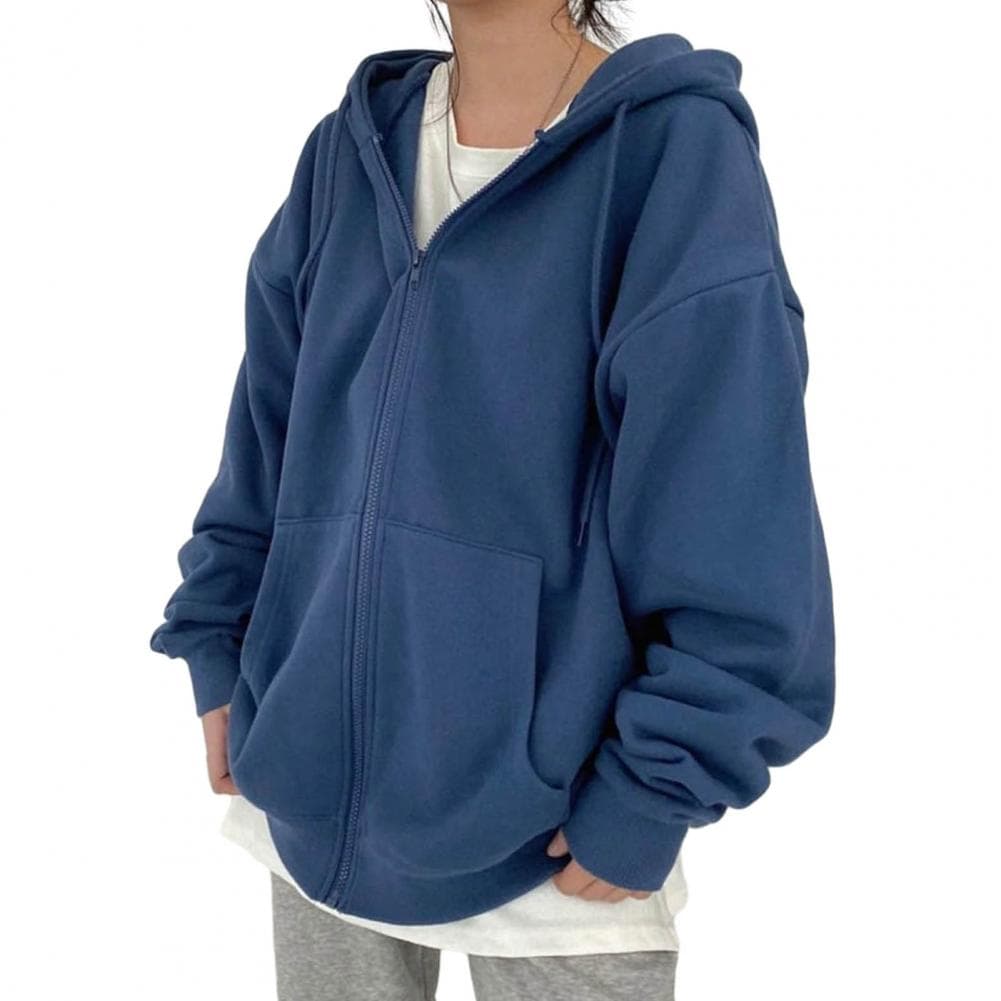 Women Winter Coat Zipper Closure Thick Hooded Long Sleeve Drawstring Loose Solid Color Pockets Elastic Cuff Lady Autumn Jacket M royal blue