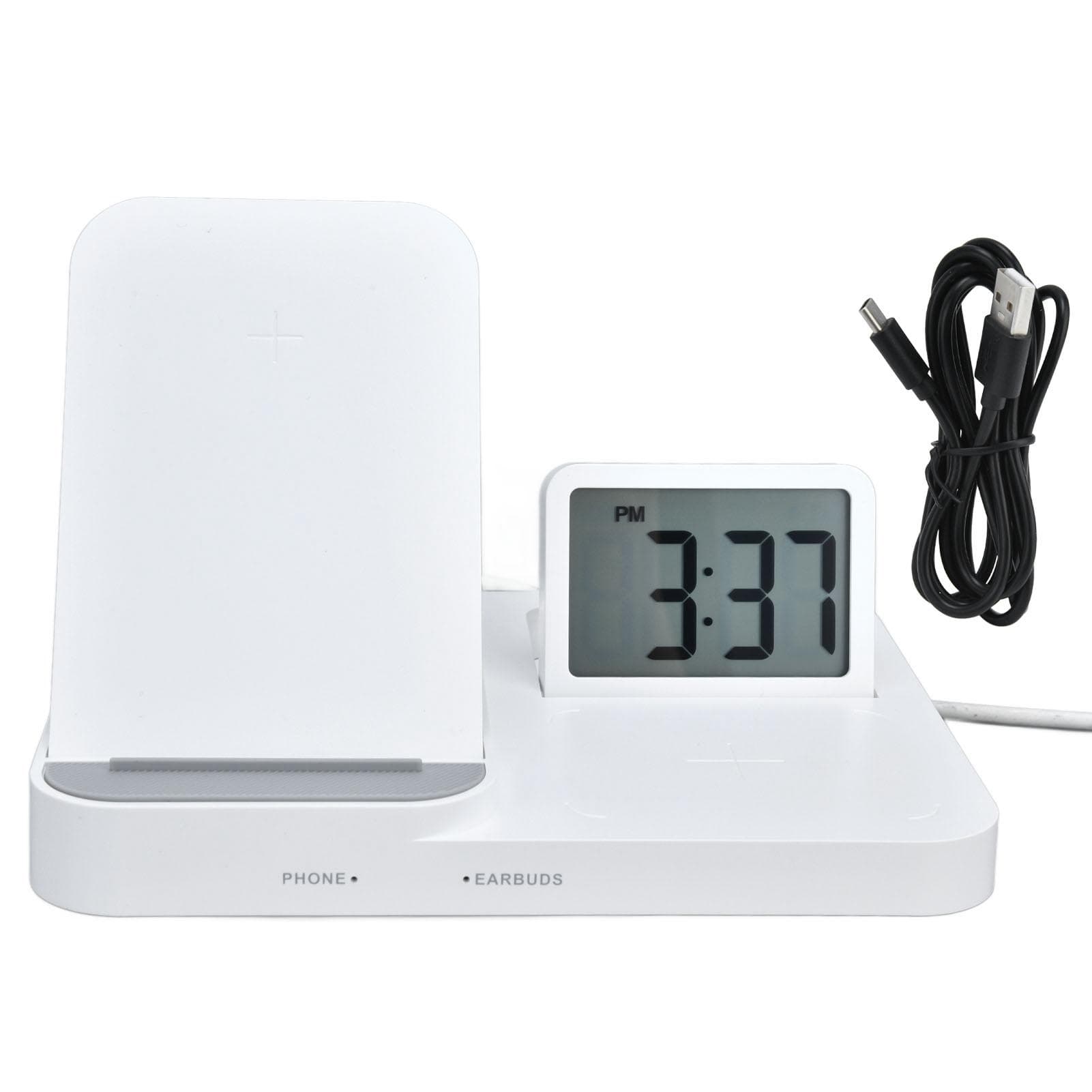 3 in 1 LCD Digital Alarm Clock with Phone Earphone Wireless Charger USB Powered for Home Office