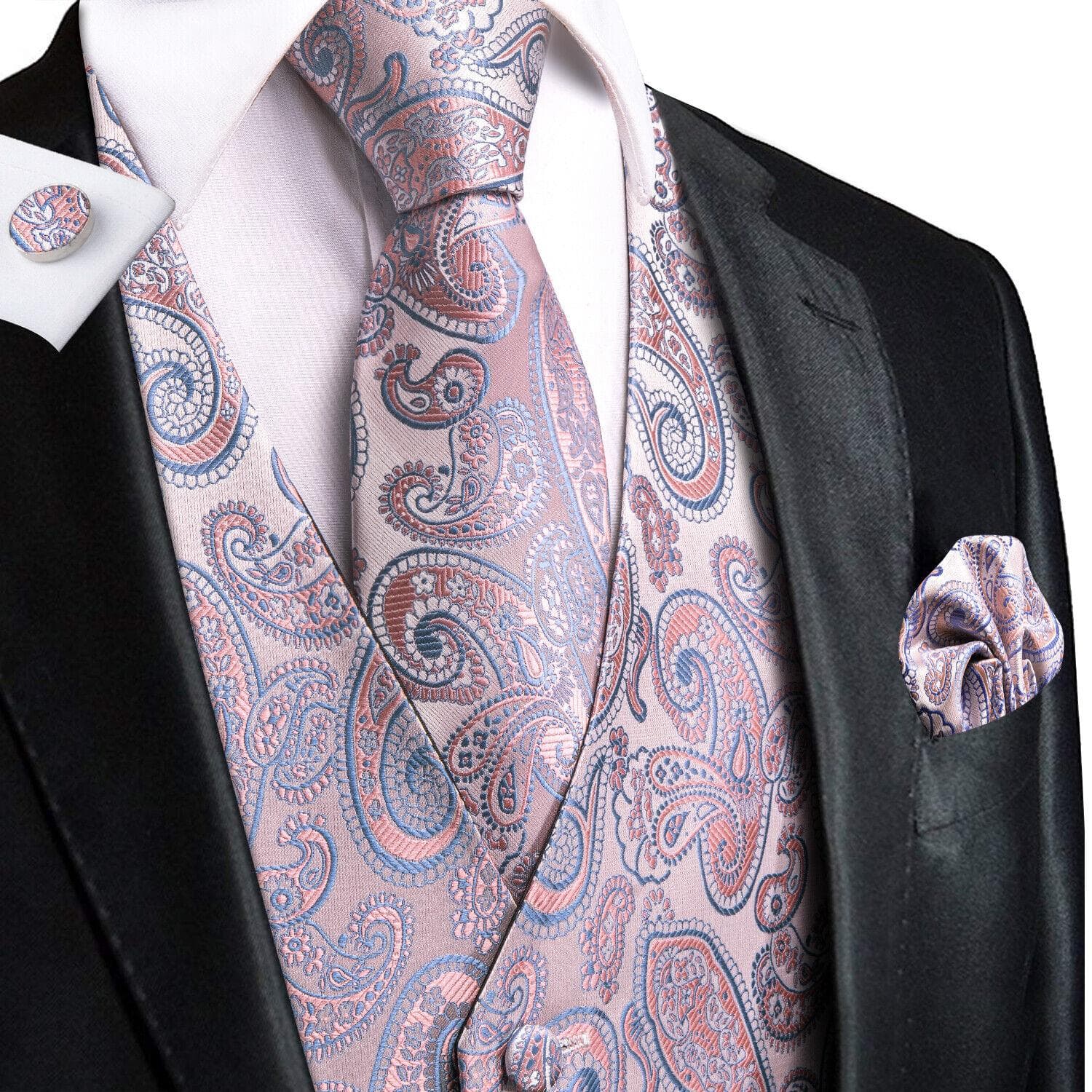 Hi-Tie Mens Waistcoat Silk Paisley Floral Tie Handkerchief Cufflinks SET Formal S