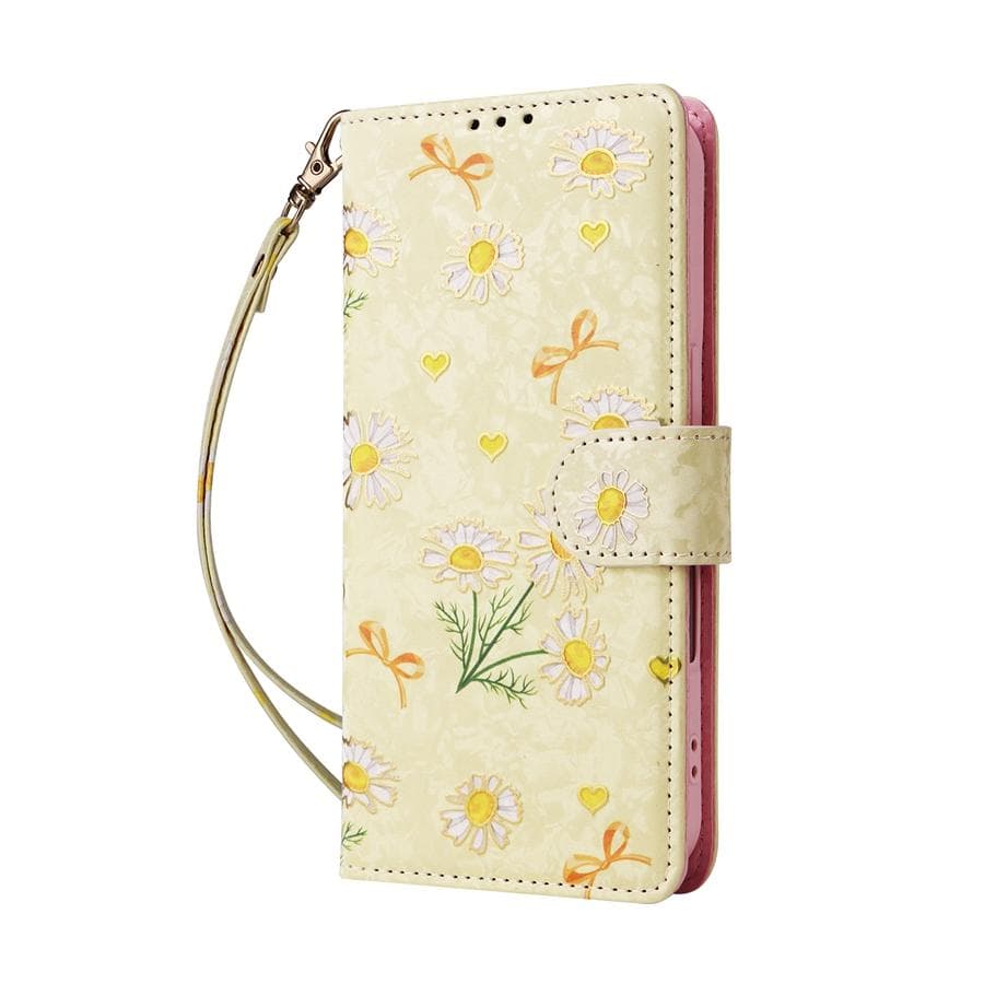 RFID Blocking Anti Theft Brush Embossed Floral Wallet Case with Card Slots for iPhone 16 15 14 13 12 Samsung Galaxy S25 S24 S23 A15 A14 A56 A55 Samsung A35 yellow