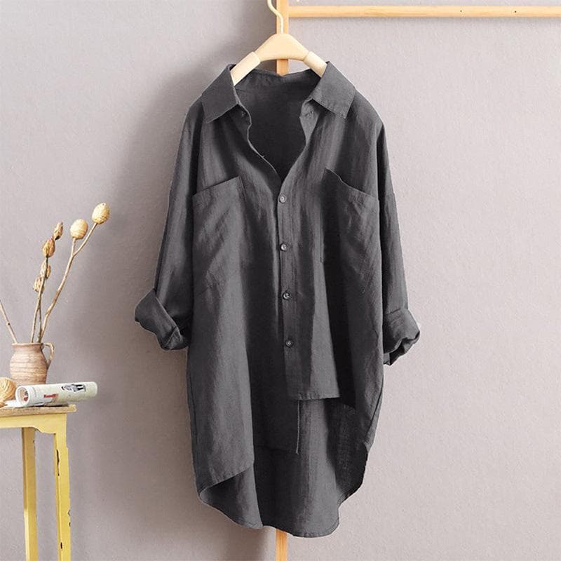 Women's Loose Large Size Mid-length Linen Top Cotton Linen Long Sleeve Shirt 5XL grey
