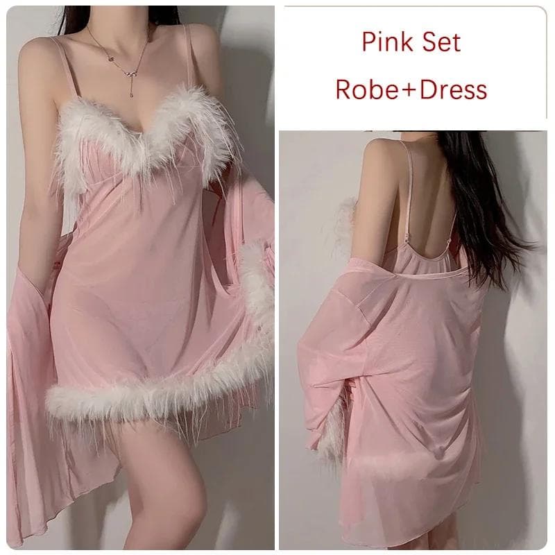 Romantic Pajamas Women's Sexy Mesh Feather See-through Comfortable Women's Suspender Nightgown Set L