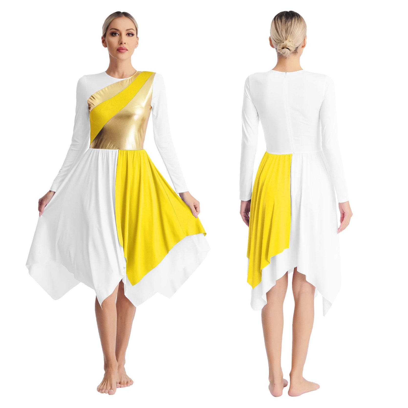 Womens Liturgical Lyrical Dance Dress Long Sleeve Metallic Contrast Color Asymmetrical Dresses Worship Performance XXL yellow