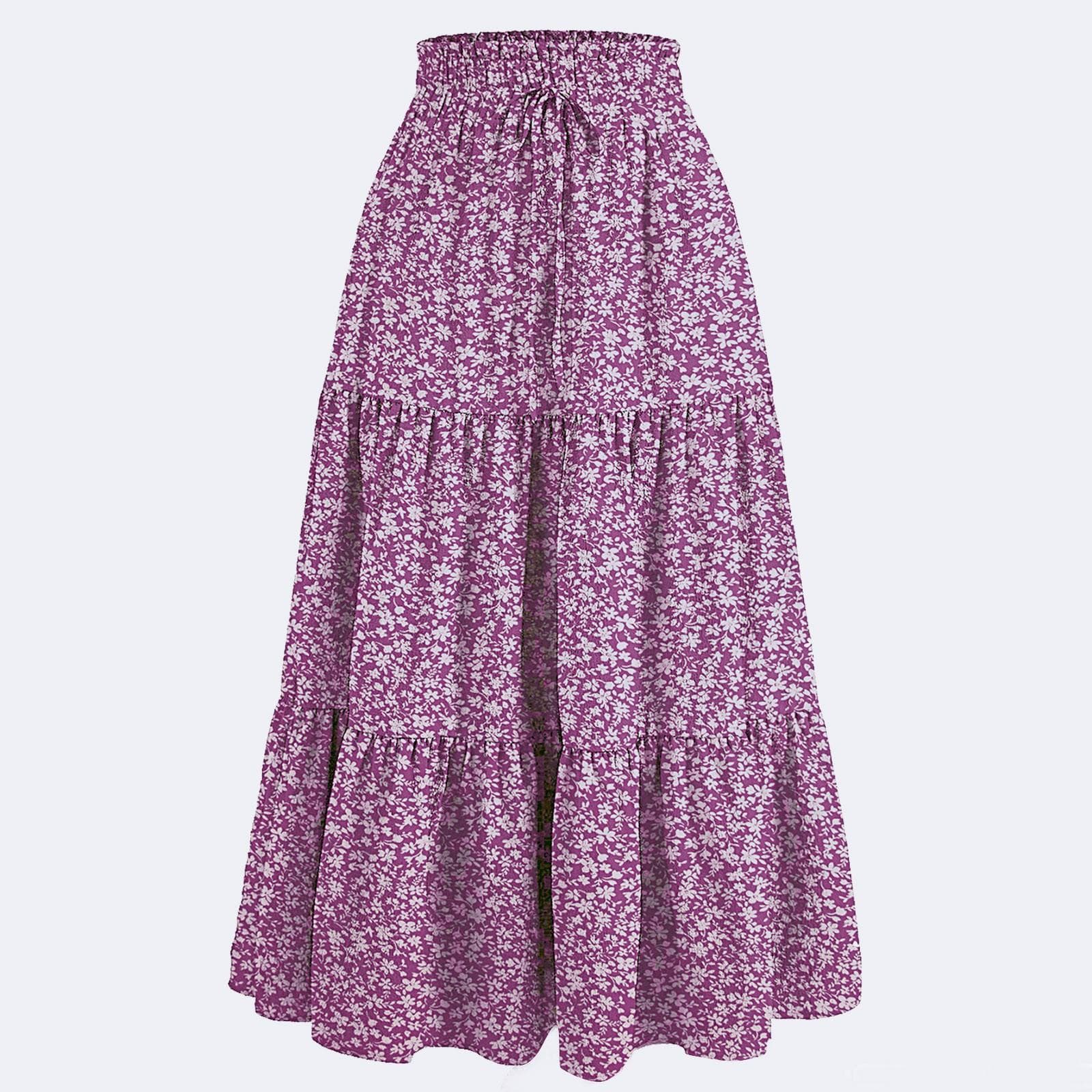 Women's Fashion Solid Color Floral Drawstring Elastic Waist Loose Long Skirt L purple