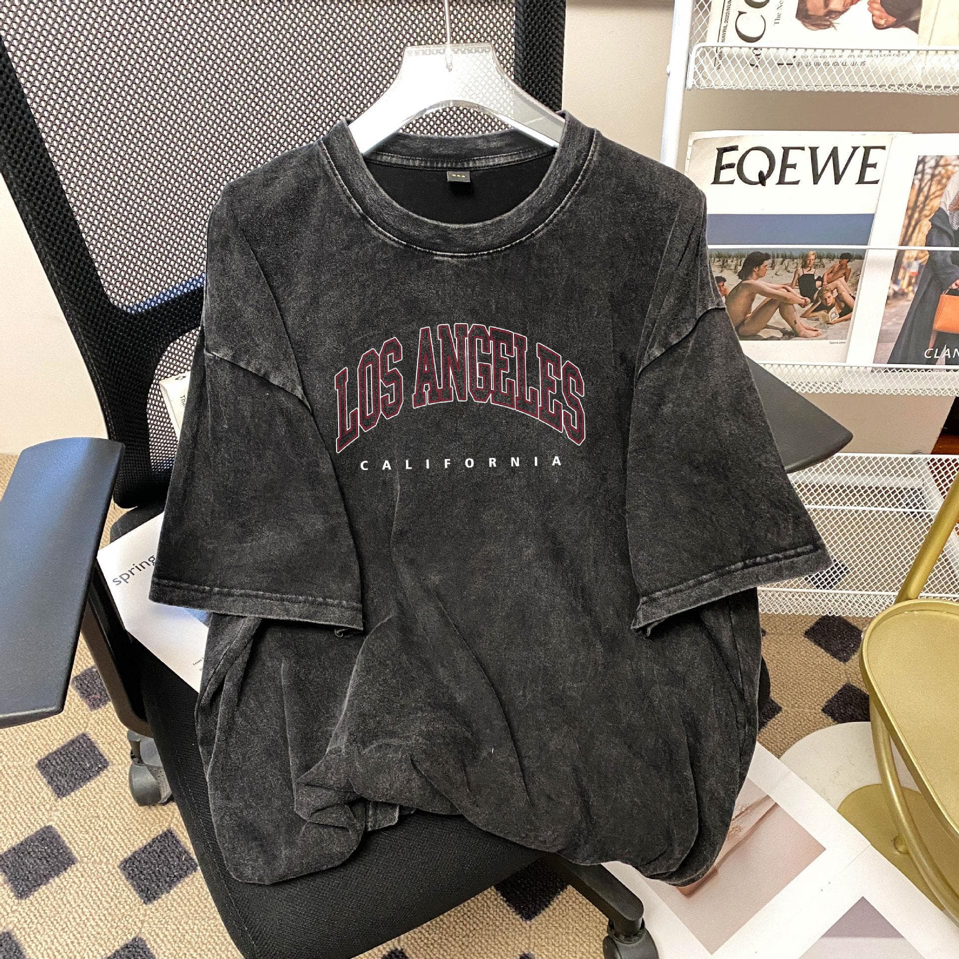 2025 Summer College Style Retro Washed Pure Cotton Women's Short-Sleeve T-Shirt Medium washed black