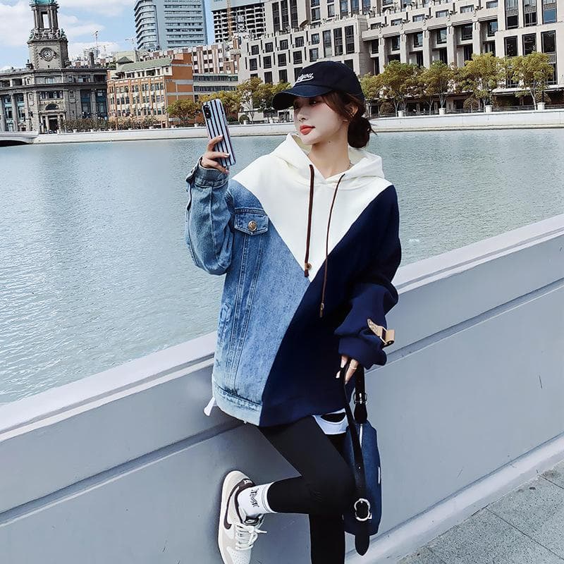 Denim Retro Hong Kong Style Sweatshirt for Women Korean Style Lazy Style Petite Top XL