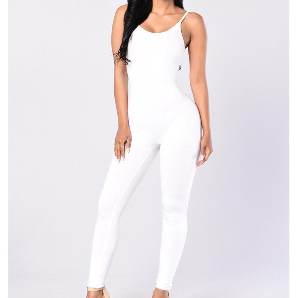 Women Solid O-neck Sexy Slim Yoga Pants Fitness Sleeveless Mid Jumpsuit M white