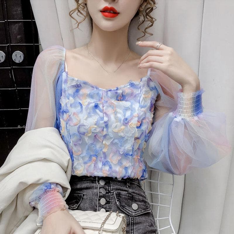 Chiffon Lace Shirt Women Blouse Colored Flower Design Long Sleeve Square Collar Cropped Top Sweet Fairy Elastic Cuffs Summer L blue