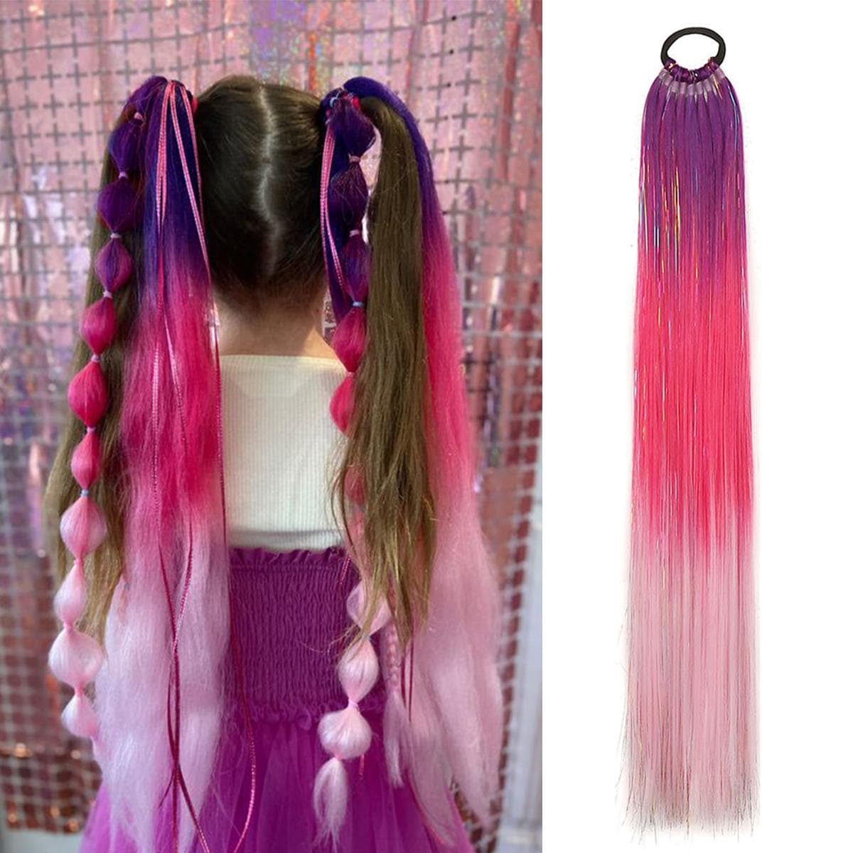 Purple Red Pink Tinsel Ponytail Extension with Elastic Hair Tie Synthetic Braiding Hair For Kids Girls Wig Hair C25#