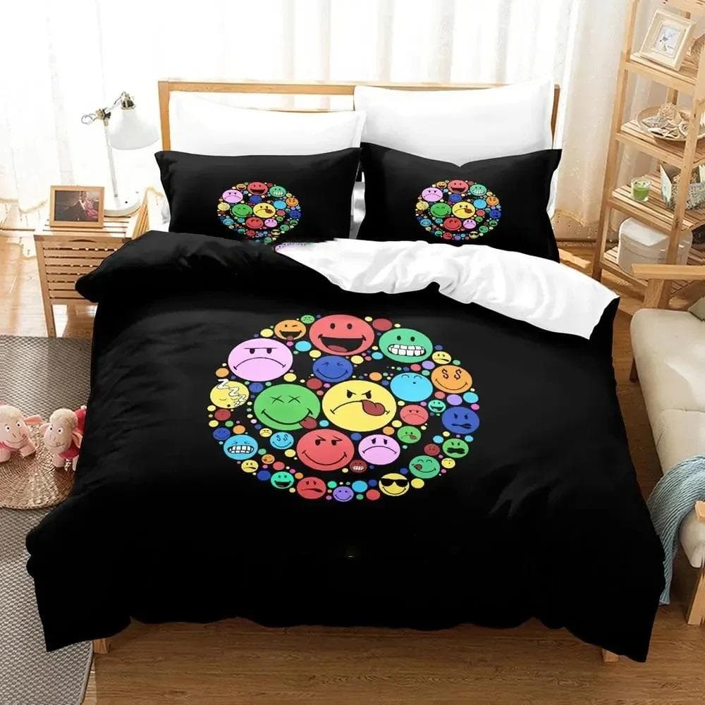 Cartoon Smiley Bedding Set Duvet Cover Bed Set Quilt Cover Pillowcase Comforter king Queen Size Boys Adult Bedding Set EU Single 135x200cm