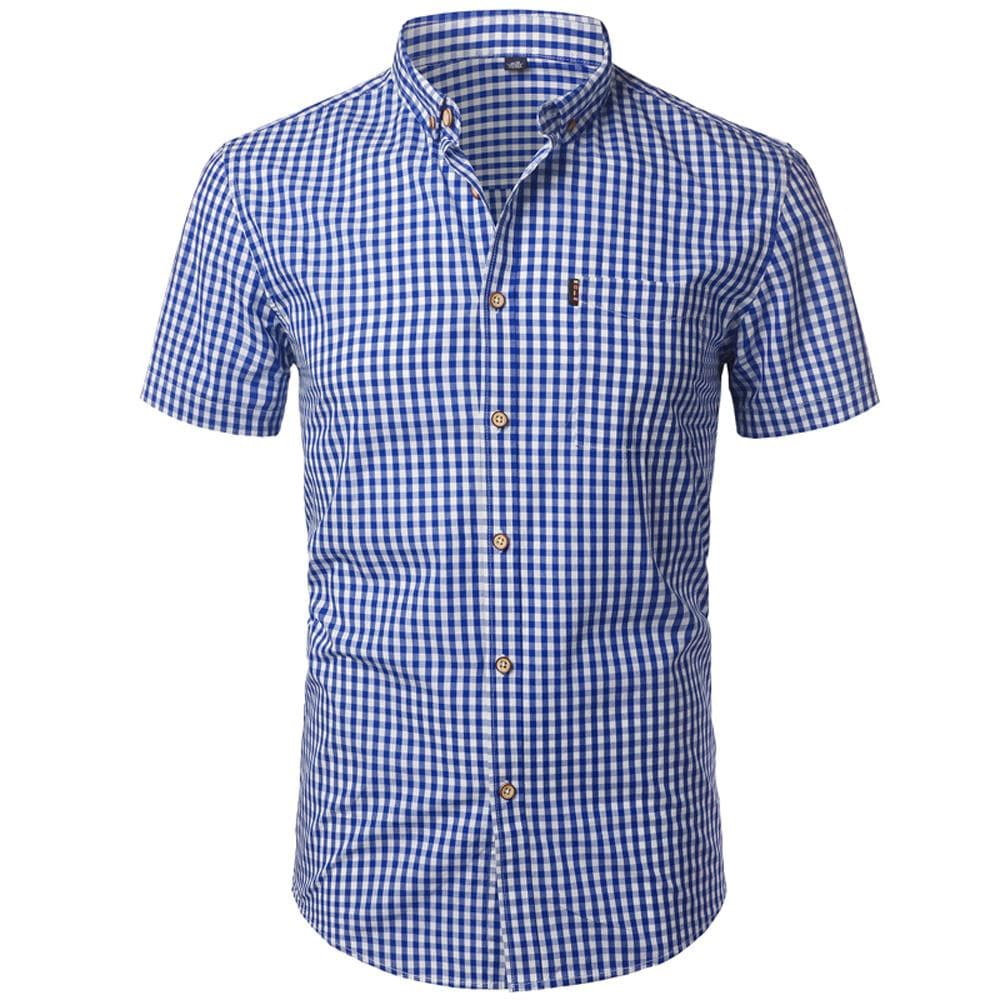 Men Small Plaid Button Down Shirt Summer New Short Sleeve Slim Fit Mens Dress Shirts Casual Checks Gingham Chemise Homme 3XL blue