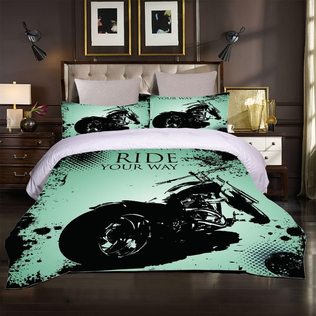 Double Sheets Set 3 Pieces 3D Sporty Cool Motorbike Bedding Set Quilt Duvet Cover Comforter Children Bed Birthday Gift W90xL190cm