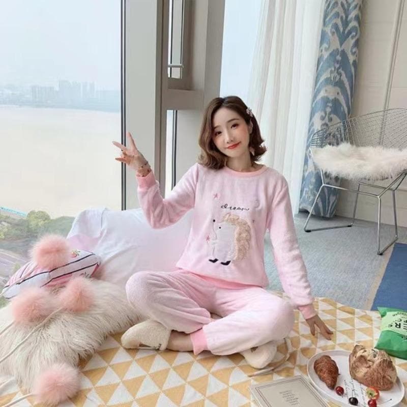 Autumn Winter New Flannel Soft Warm Women's Pajamas Round Neck Long Sleeve Women Two Piece Set Cute Printing Pajama Suit Women XXL