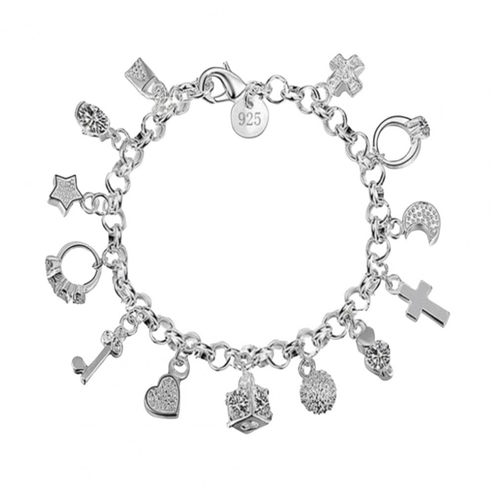 Lady Bracelet Multi Pendants Alloy Hollow Chain Solid Color Lobster Clip Lady Wrist Jewelry Anniversary Gift Lightweight Bangle silver