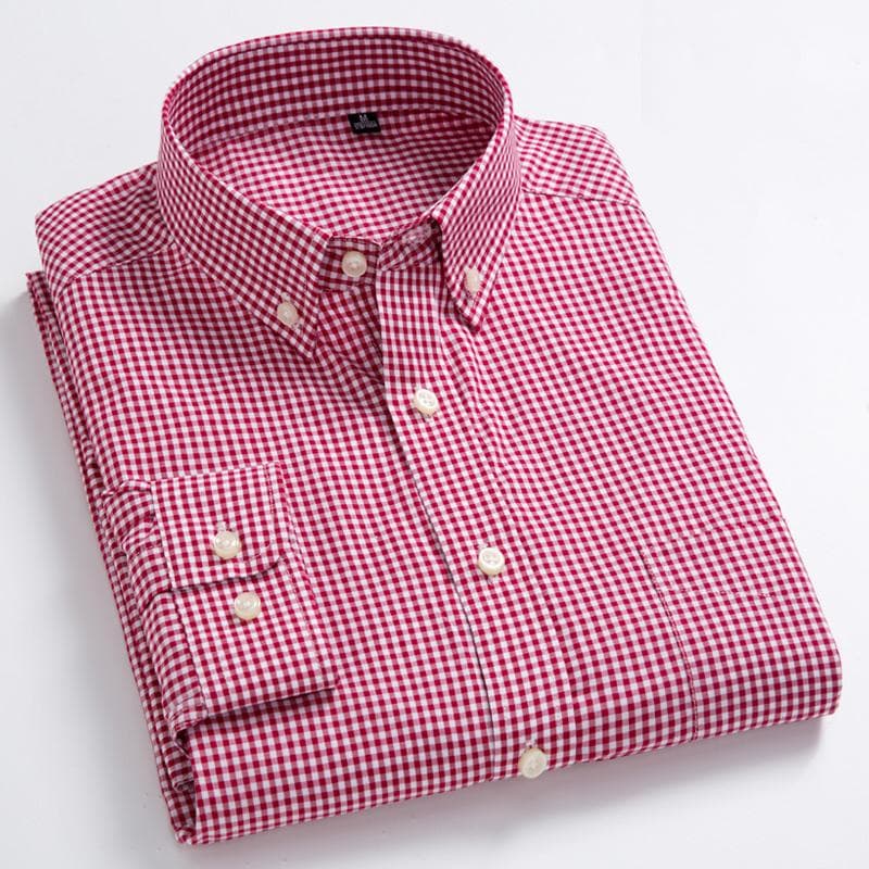 Men's 100% Cotton Plaid Long Sleeve Shirt - All-Season Comfortable Soft Regular Fit Casual Button Down Shirt for Stylish Versatile Outfits L red