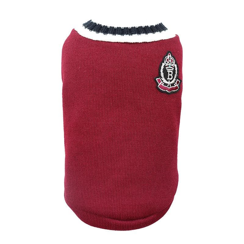 Pet Knit Sweater School Style V Neck Soft Breathable Versatile Dog Knit Waistcoat Clothes Wine Red L L(for 6.5-9kg) wine red