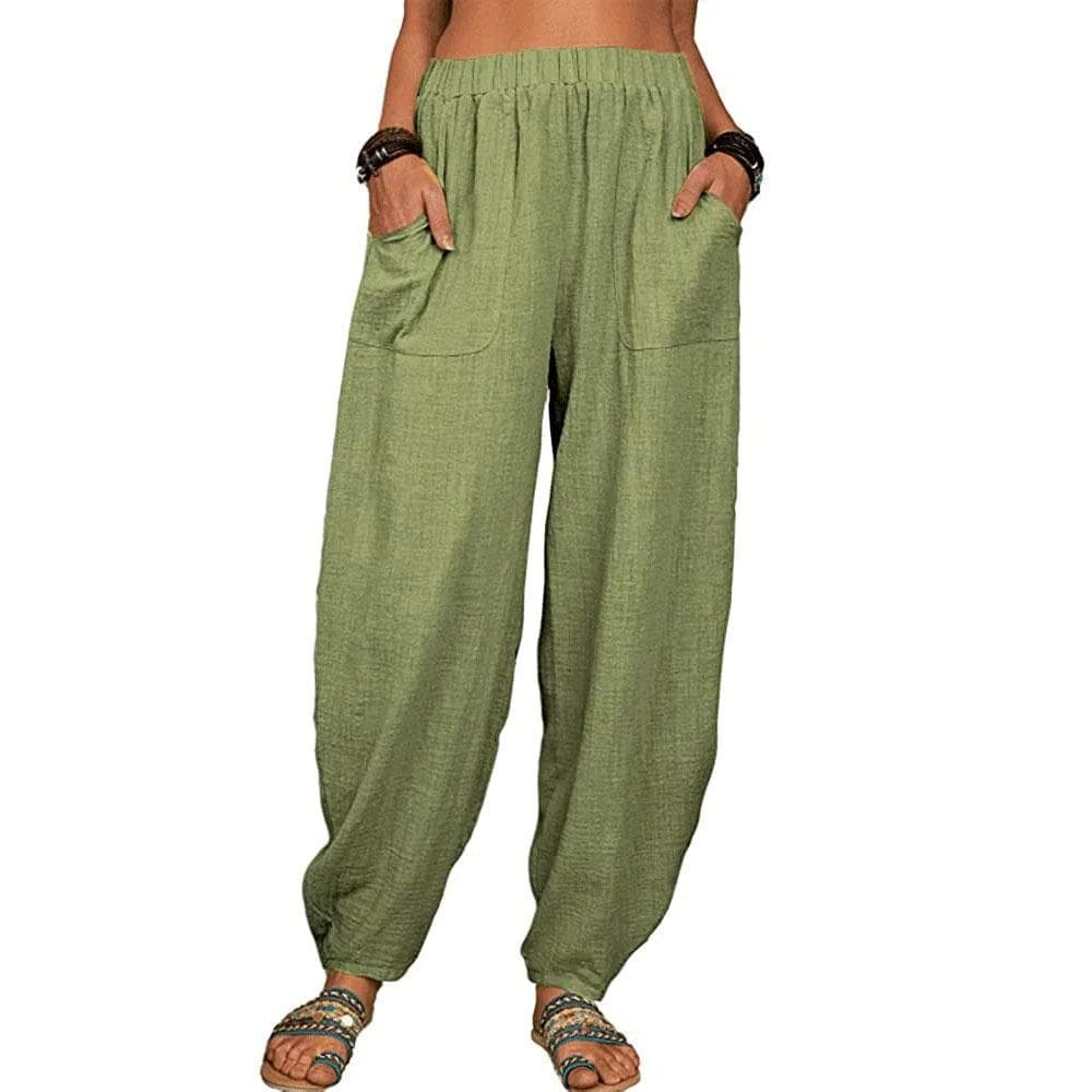 Women's Harem Pants Summer Casual Retro Large Size Cotton and Linen Pants Elastic Waist Wide Leg Pants Home Pants M grass green