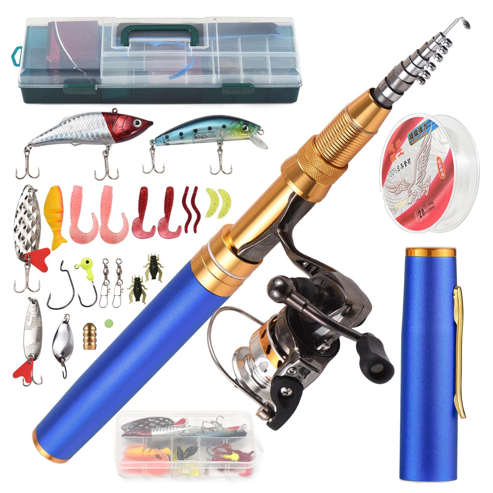 Fishing Rod and Reel Combos Telescopic Fishing Pole with Spinning Reel Combo Kit Fishing Line Lures 1.8m blue