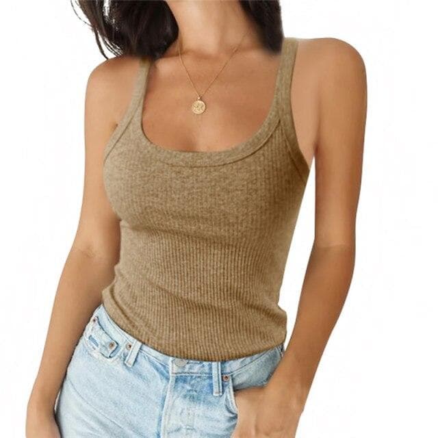 O Neck Summer Knit Top Sleeveless Women Sexy Basic T Shirt White Off Shoulder Ribbed Black Tank Top Casual Vest Camisole Tees S khaki
