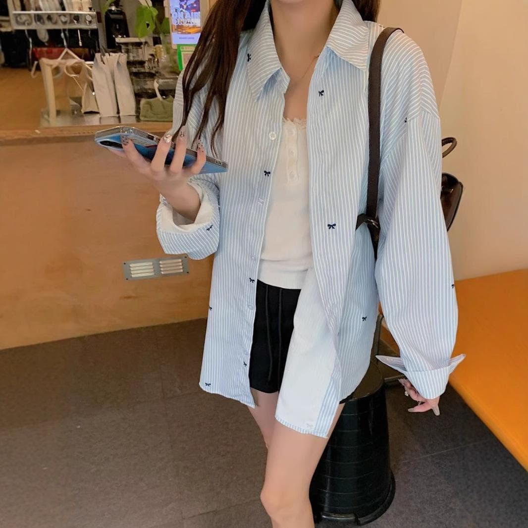 Korean Spring and Autumn New Style Women's Casual Simple Loose Lazy Style Striped Long-sleeved Shirt Design Sun Protection Top 2XL blue