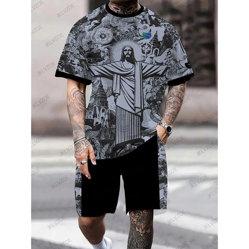Summer Brazil Jesus Special Edition Football Jersey T-shirt+Shorts Set Sports Training Uniform Casual Kids/Adult Outfit M