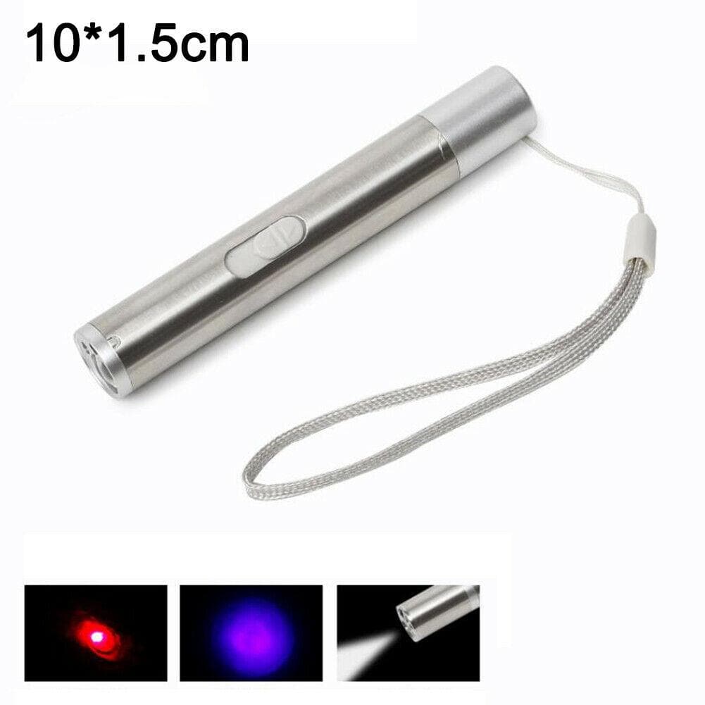 Mini 3 In 1 Cat Laser Pointer Toy USB Rechargeable Flashlight UV Light silver