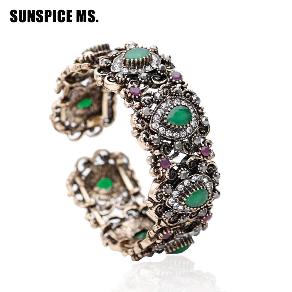 Turkish Women Flower Vintage Bangle Cuff Antique Gold Color Open Elastic Adjust Size Bracelet green
