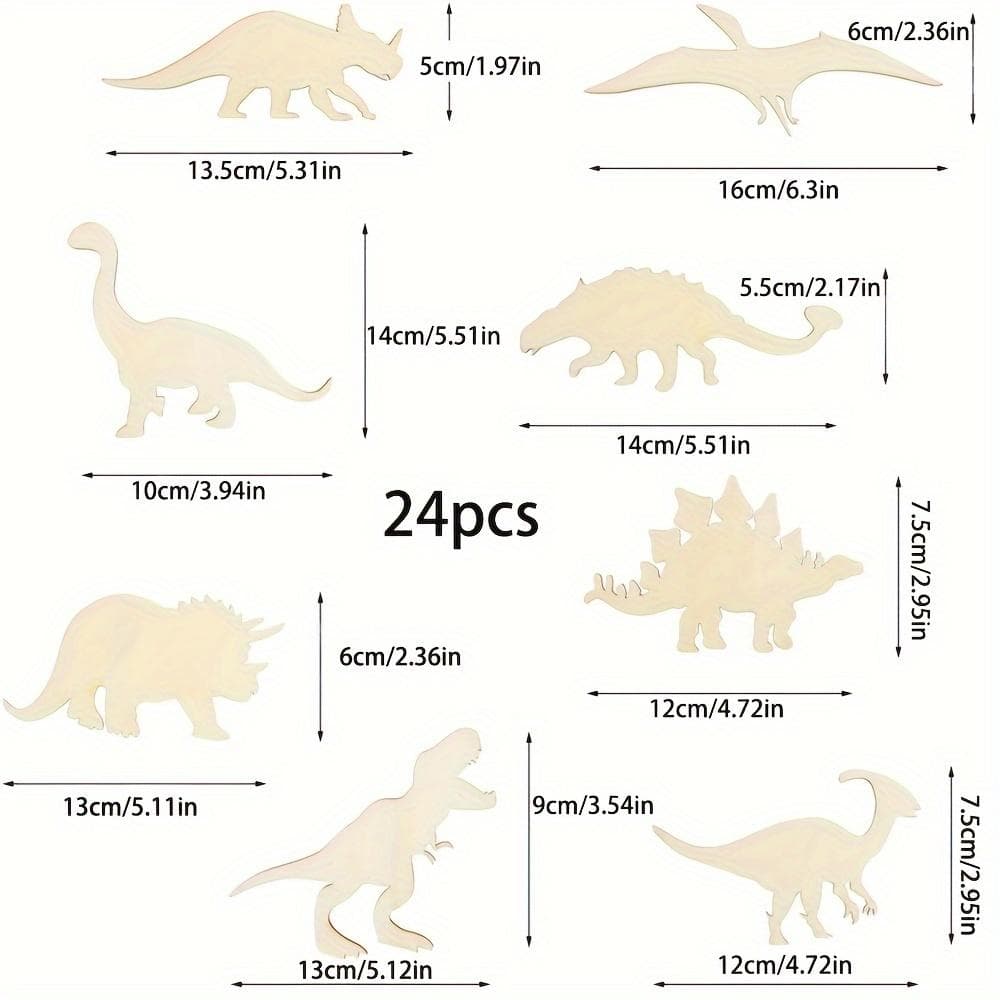 24pcs Dinosaur Wooden Cutouts Set - Paintable & Stainable Tyrannosaurus, Triceratops, Stegosaurus Shapes for DIY Crafts and Home Decor 24pcs
