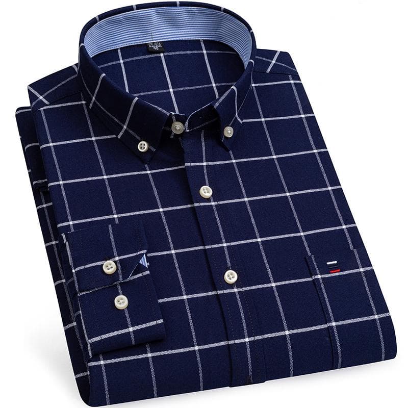 Cotton Oxford Shirt Plus Size S~7XL Casual Business Men Plaid Shirts Checkered Design Regular Fit Long Sleeve with Front Pocket Man's Blouses 4XL