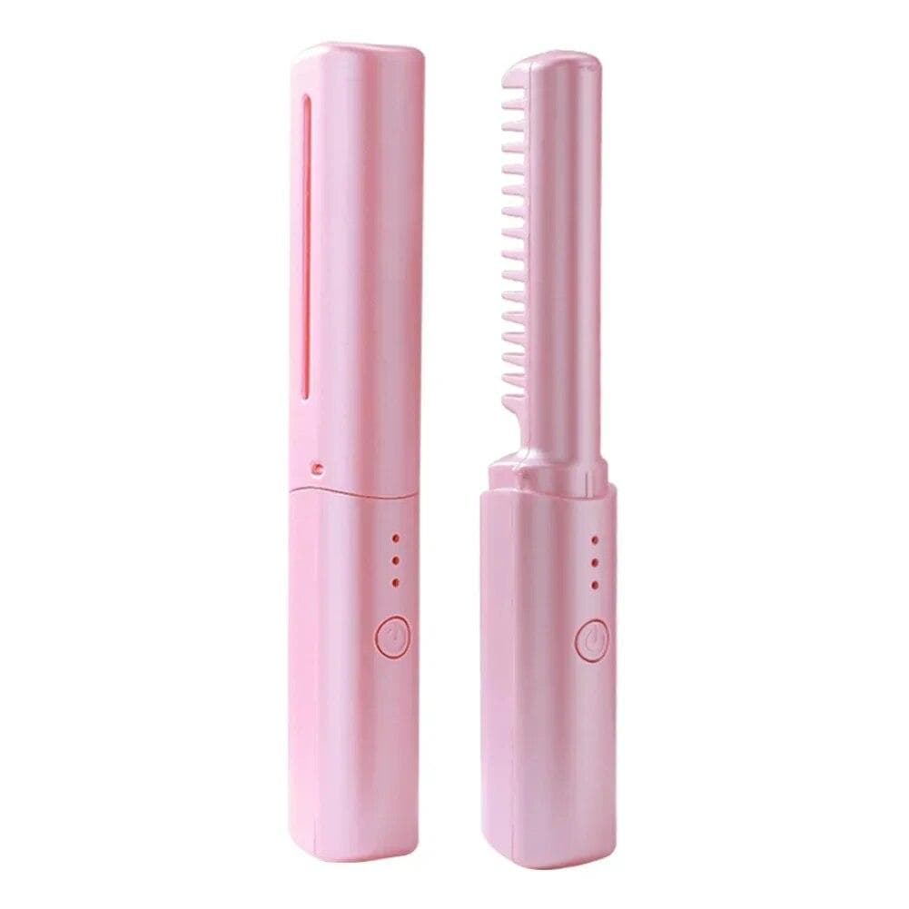 2 In 1 Lazy Straightener Hair Hot Comb Portable Mini USB Rechargeable Hair Straightener Fast Heating Hair Styling Tools pink