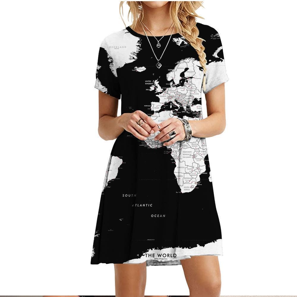 New Clothing For Summer Women World Map Dress Casual O-Neck Short Sleeve Loose Oversize Dress Fashion Ladies 3D Printed Dresses L