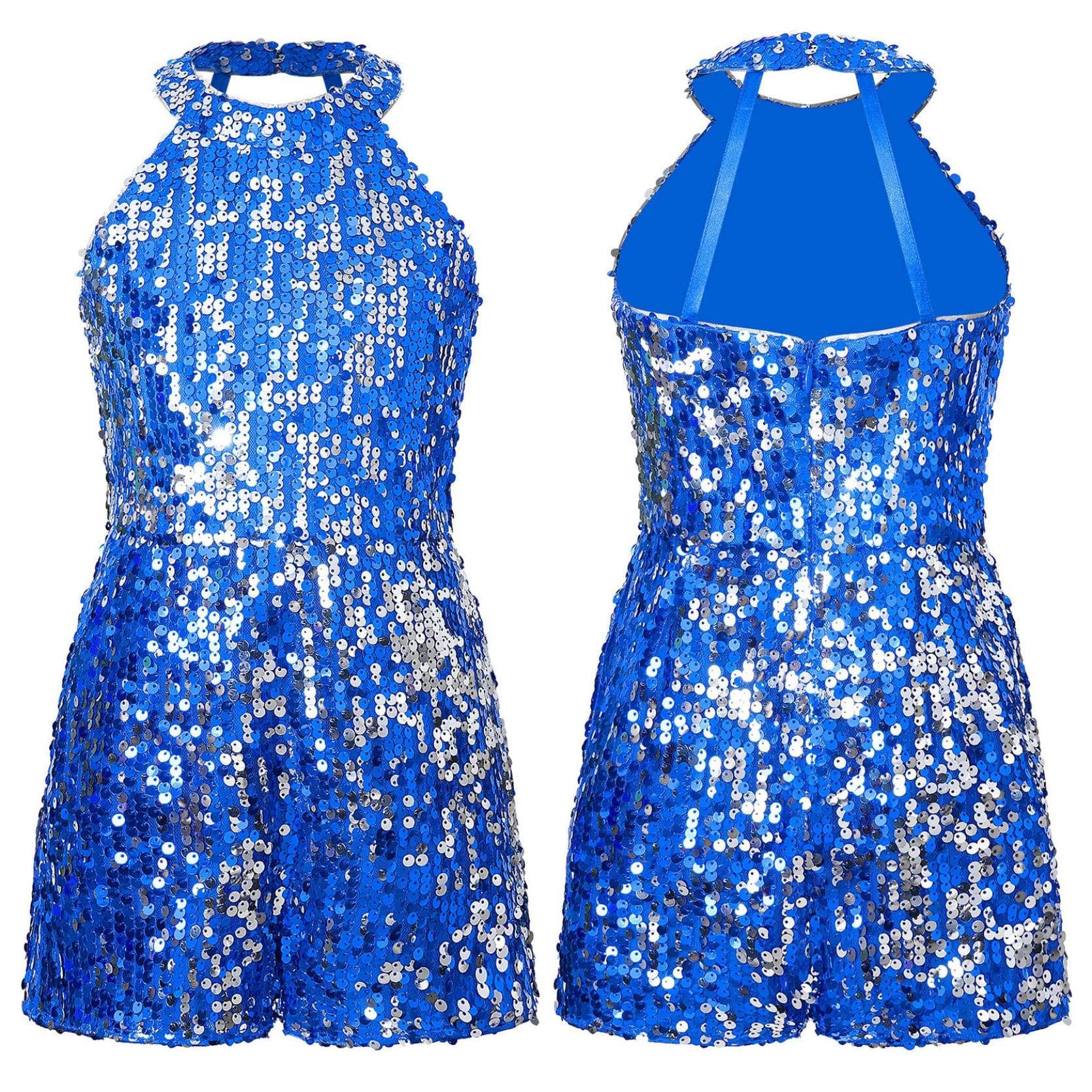 Girls Jazz Dance Costume Halter Shiny Sequins Leotard Sleeveless Short Jumpsuit Stage Performance Clothes 5-6 Years royal blue