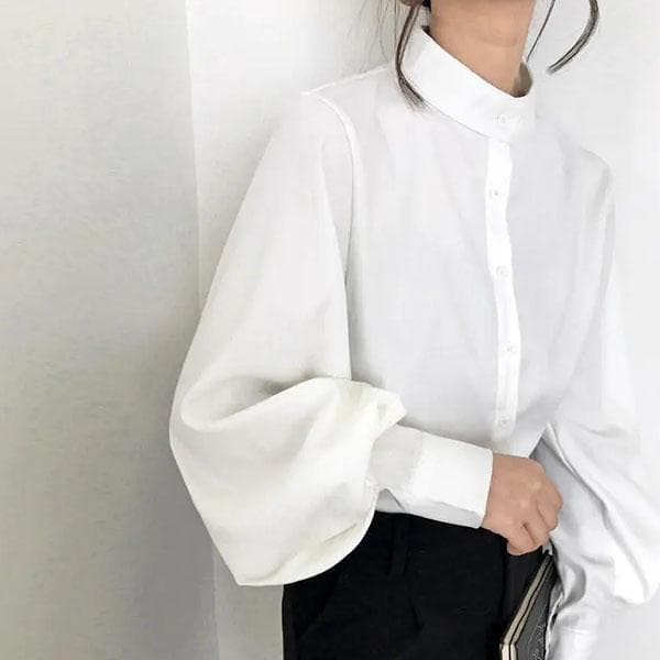 Women's Spring Summer Large Size Vintage Blouse Ladies Autumn Solid Color Long Sleeve Loose Stand Collar Shirts S white