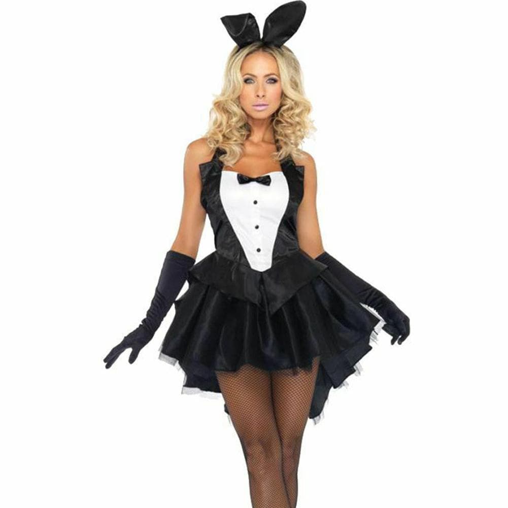 Women 3Pcs Bunny Gloves Headband Tuxedo Dress Cosplay Halloween Costume Set XL black